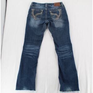 Ariya Womens Embroidered Flap Pocket Boot Flare Jeans 5/6 Whiskered LOW Rise Y2K